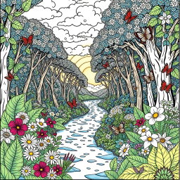 A beautifully intricate adult coloring page featuring a serene nature scene, with an array of detailed flowers, leaves, and butterflies