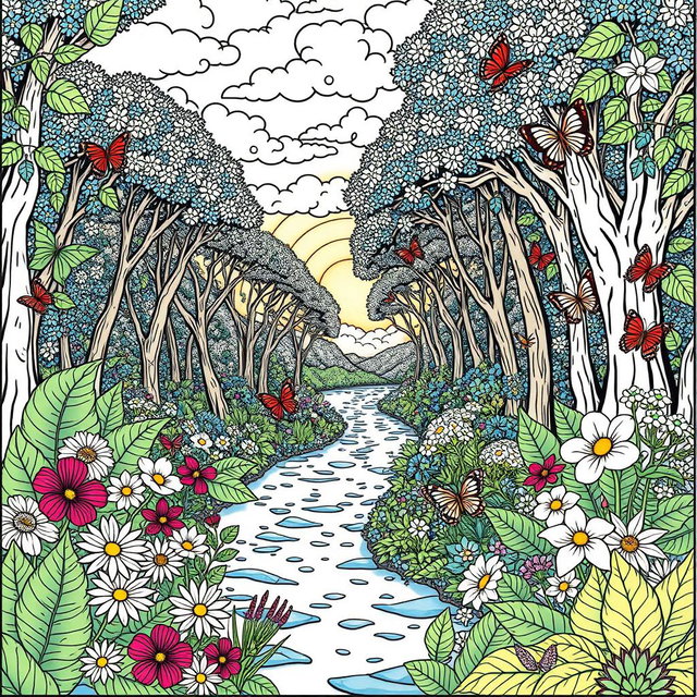 A beautifully intricate adult coloring page featuring a serene nature scene, with an array of detailed flowers, leaves, and butterflies