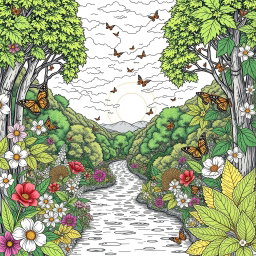 A beautifully intricate adult coloring page featuring a serene nature scene, with an array of detailed flowers, leaves, and butterflies