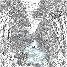 A beautifully intricate adult coloring page featuring a serene nature scene, with an array of detailed flowers, leaves, and butterflies