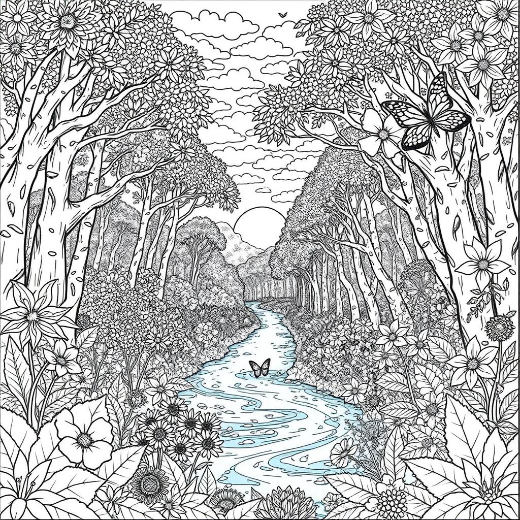 A beautifully intricate adult coloring page featuring a serene nature scene, with an array of detailed flowers, leaves, and butterflies