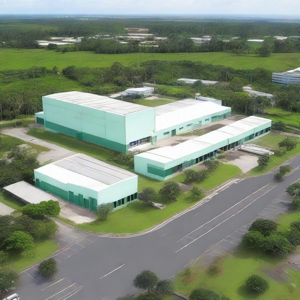 An external view of the Guyana Marketing Corporation Processing & Packaging Facility. The building should be contemporary and large-scale, situated in a business district with lush greenery surrounding it.