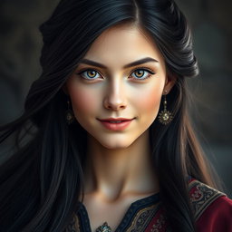A striking headshot of a fairytale hero, featuring a young woman with long, flowing dark hair that frames her face beautifully