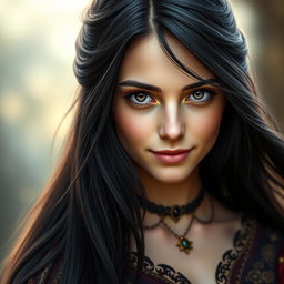 A striking headshot of a fairytale hero, featuring a young woman with long, flowing dark hair that frames her face beautifully