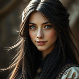 A striking headshot of a fairytale hero, featuring a young woman with long, flowing dark hair that frames her face beautifully