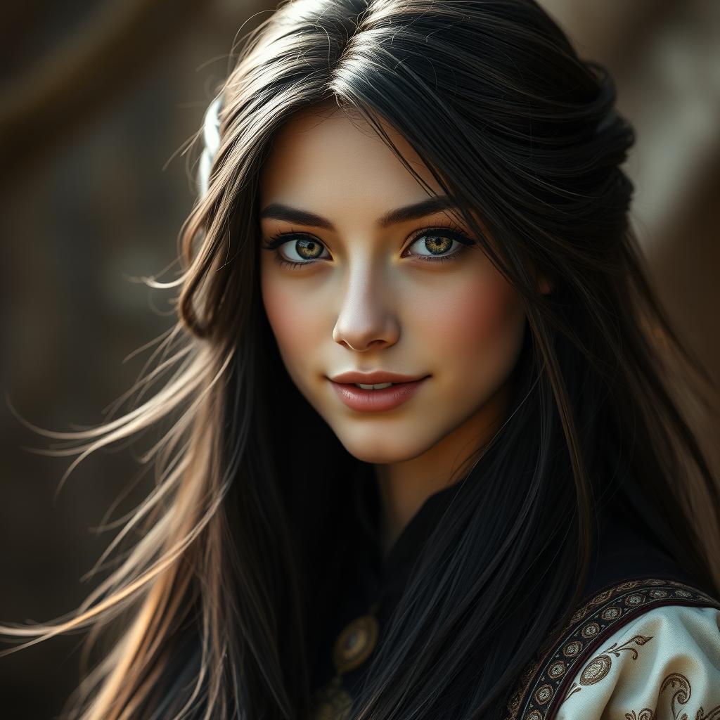 A striking headshot of a fairytale hero, featuring a young woman with long, flowing dark hair that frames her face beautifully