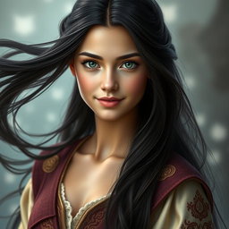 A striking headshot of a fairytale hero, featuring a young woman with long, flowing dark hair that frames her face beautifully