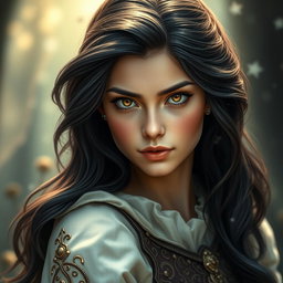 A captivating headshot of a female hero from a fairytale, featuring rich dark hair cascading elegantly around her shoulders