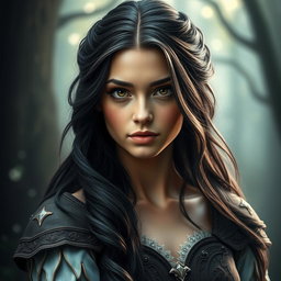 A captivating headshot of a female hero from a fairytale, featuring rich dark hair cascading elegantly around her shoulders