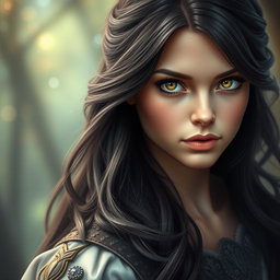 A captivating headshot of a female hero from a fairytale, featuring rich dark hair cascading elegantly around her shoulders