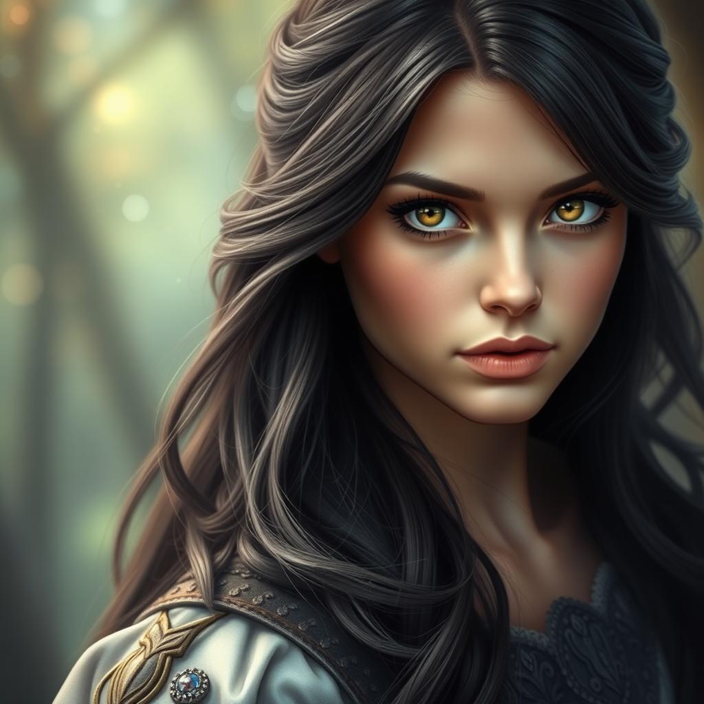 A captivating headshot of a female hero from a fairytale, featuring rich dark hair cascading elegantly around her shoulders