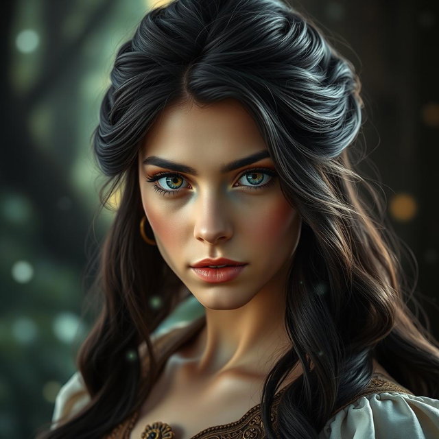 A captivating headshot of a female hero from a fairytale, featuring rich dark hair cascading elegantly around her shoulders