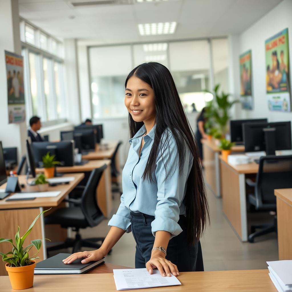 A young Filipino woman working diligently in a modern government office