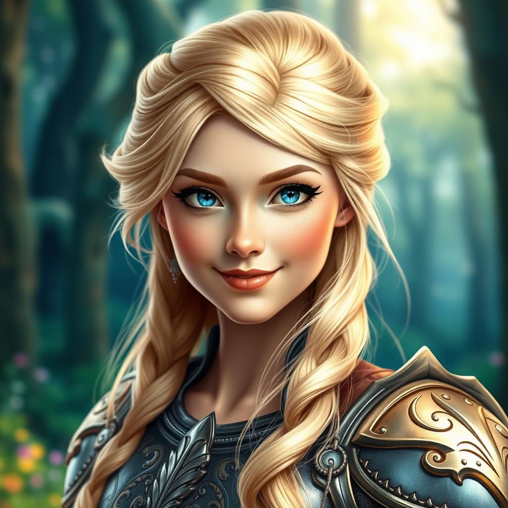 A captivating headshot of a female hero from a fairytale, showcasing her radiant blonde hair, styled beautifully and flowing elegantly
