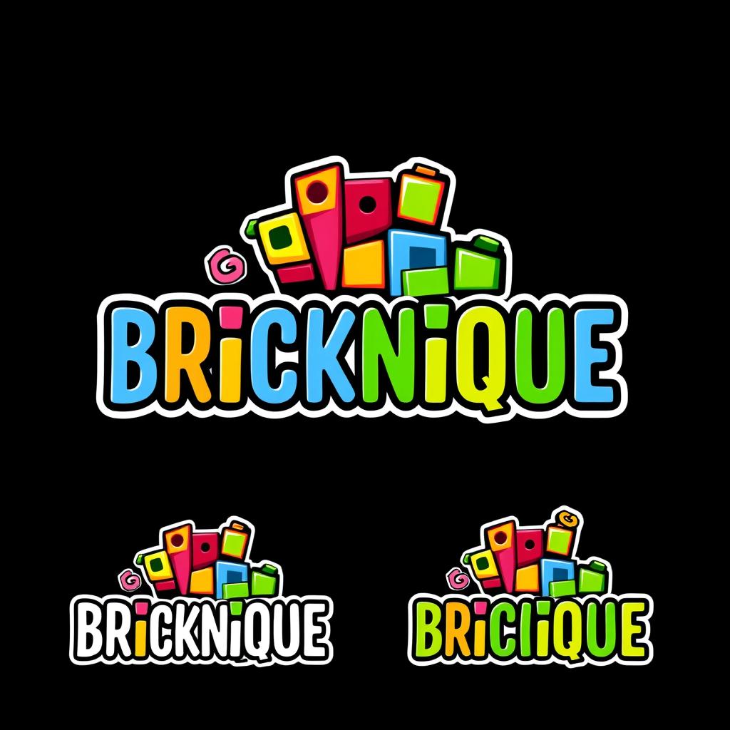 Design a vibrant and playful logo for a shop named 'BRICKNIQUE' that specializes in alternative building blocks models and sets, similar to LEGO