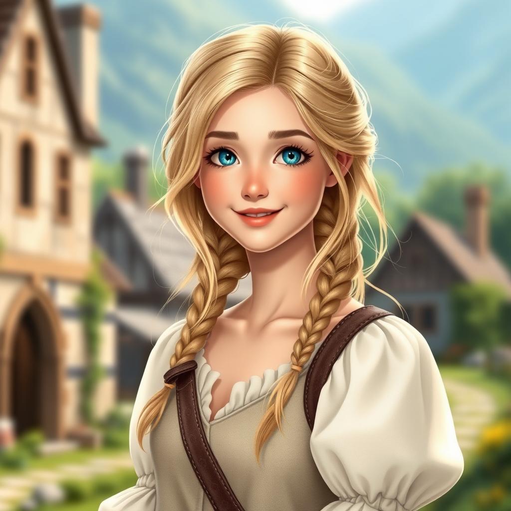 A charming headshot of a female hero from a fairytale, featuring her lovely blonde hair styled casually