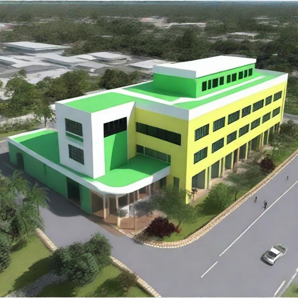 An external view of the Guyana Marketing Corporation Processing & Packaging Facility. The building should be contemporary and large-scale, situated in a business district with lush greenery surrounding it.