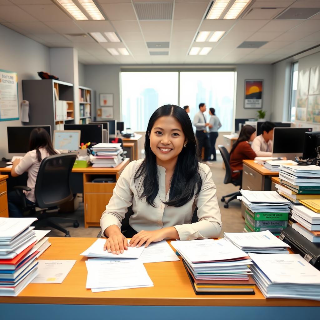 A young Filipino woman sitting at a desk in a bustling government office environment, surrounded by paperwork and office supplies