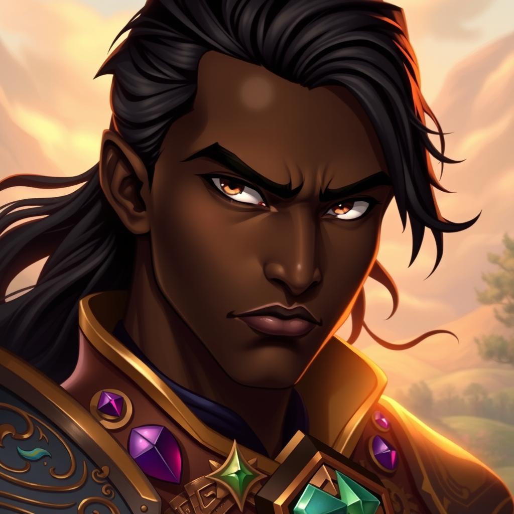 A headshot of a fairytale hero with dark skin, featuring strong facial features and an expression of determination