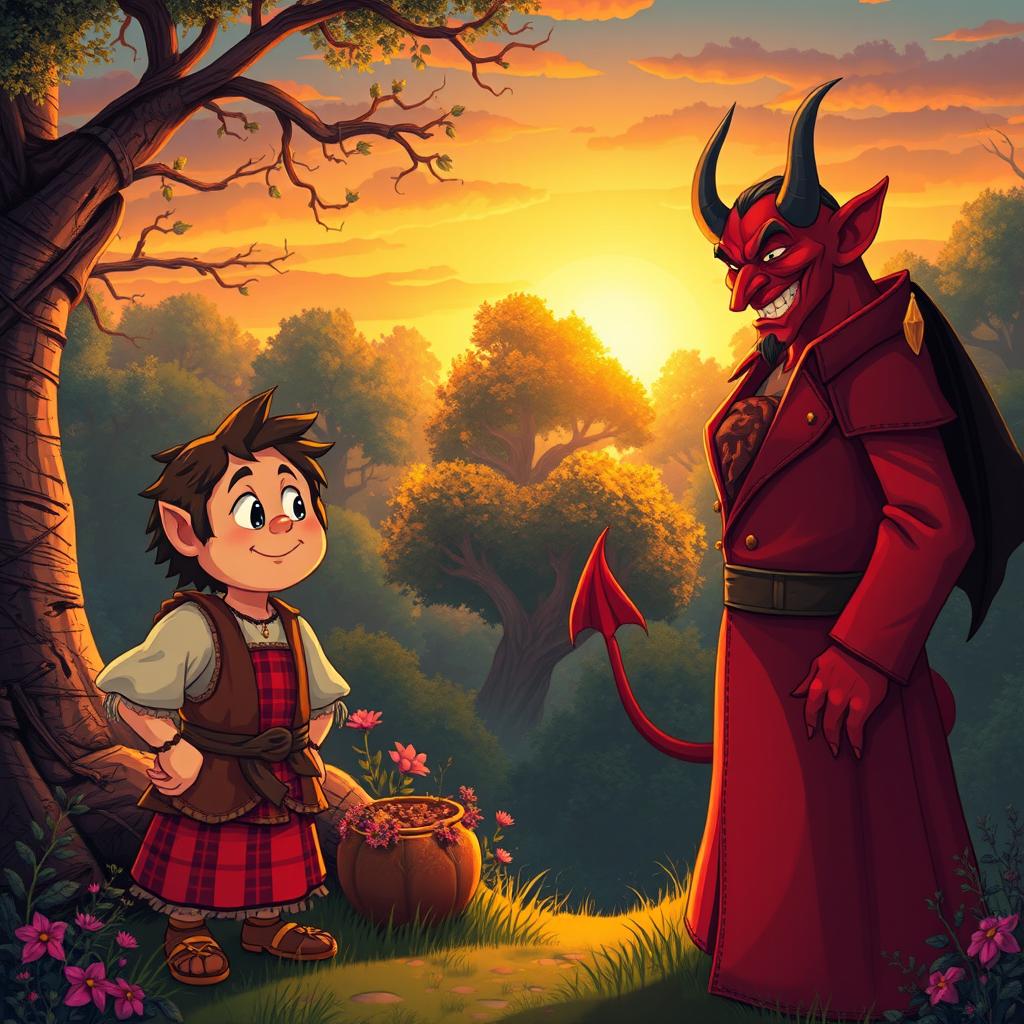 A fantastical scene depicting Dănilă Prepeleac meeting the devil in a vibrant, folktale-inspired setting