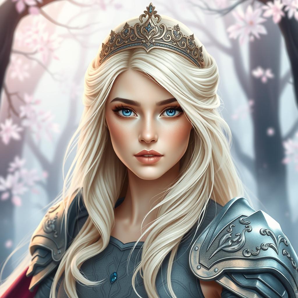 A headshot of a female fairytale hero with flowing light hair, styled elegantly cascading down her shoulders