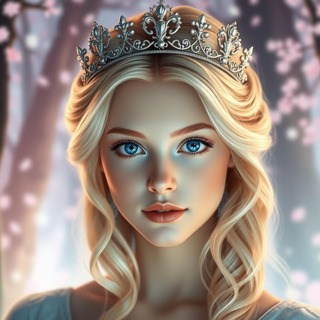A headshot of a female fairytale hero with striking blonde hair, elegantly styled in loose waves that frame her face