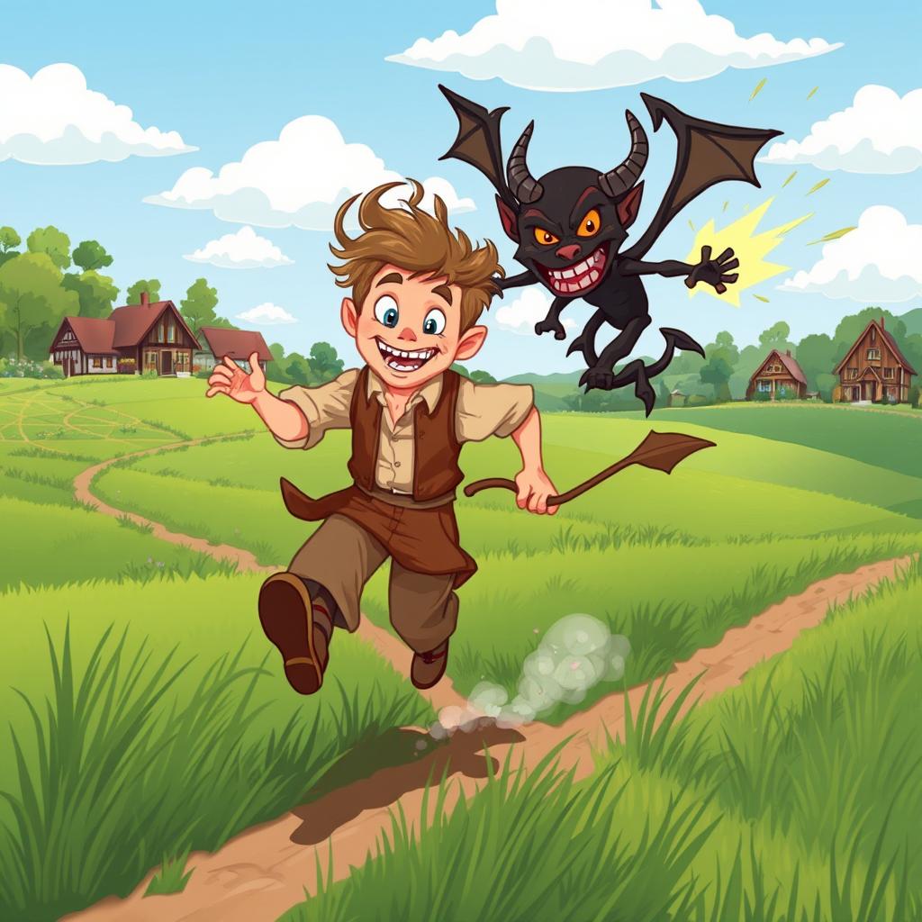A whimsical scene from the Romanian folklore tale of Dănilă Prepeleac racing against the devil (dracul), set in a vibrant countryside