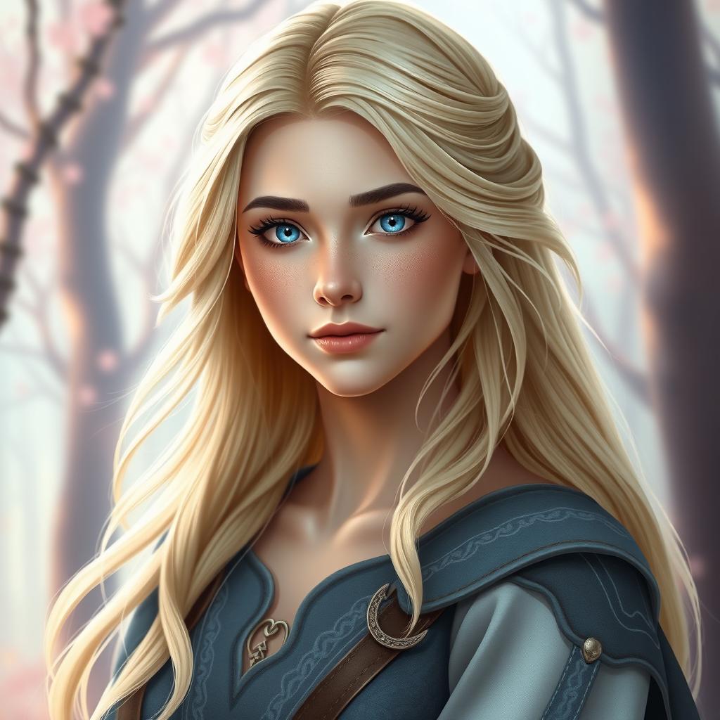 A headshot of a female fairytale hero with beautiful blonde hair, flowing gracefully around her shoulders