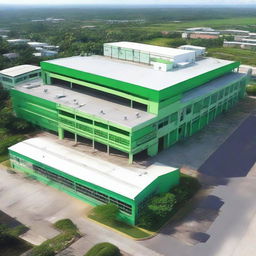 An external view of the Guyana Marketing Corporation Processing & Packaging Facility. The building should be contemporary and large-scale, situated in a business district with lush greenery surrounding it.