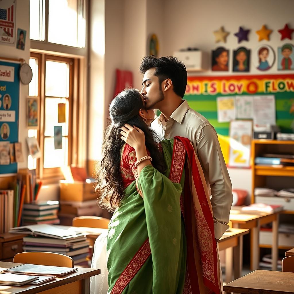 A romantic scene set in an Indian classroom, featuring a passionate kiss between a young teacher and a student