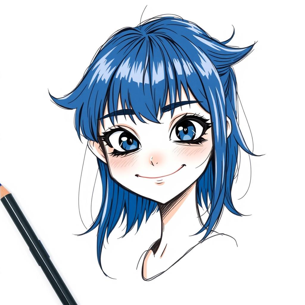 A detailed sketch of a girl with dark blue hair and dark blue eyes, smirking playfully