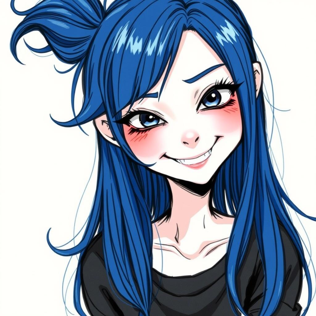 A detailed sketch of a girl with dark blue hair and dark blue eyes, smirking in a playful yet slightly psycho manner