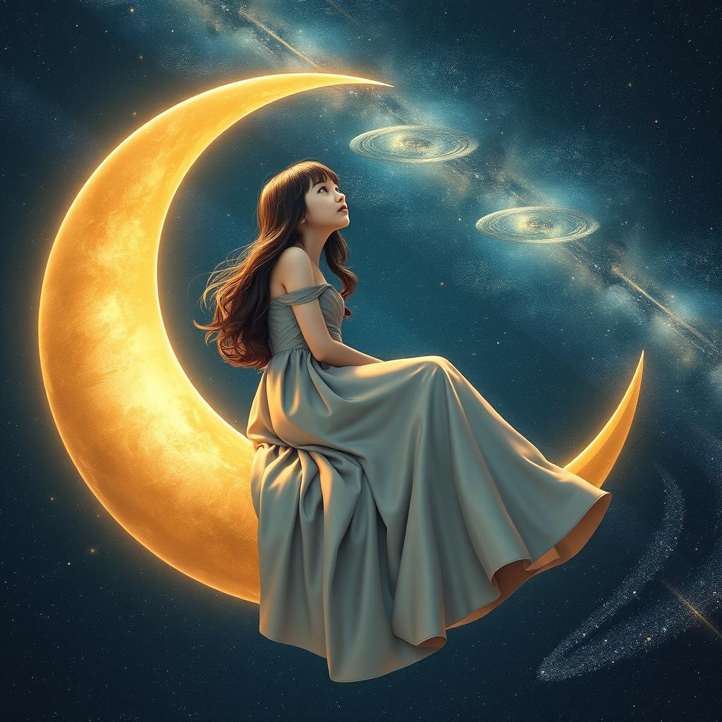 A girl sitting gracefully on a crescent moon, gazing at the stars with a look of wonder
