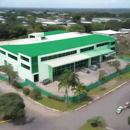 An external view of the Guyana Marketing Corporation Processing & Packaging Facility. The building should be contemporary and large-scale, situated in a business district with lush greenery surrounding it.