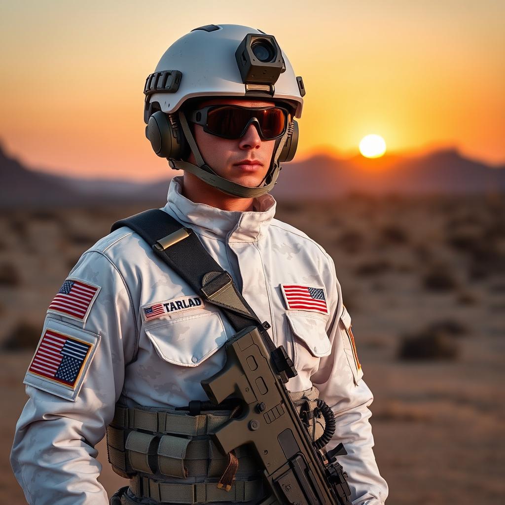 An American soldier in a unique white camouflage uniform, standing proudly against a backdrop of a desert landscape