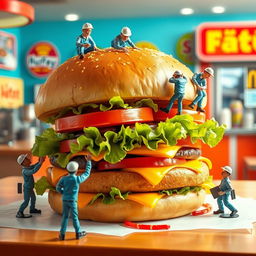 A whimsical scene depicting several tiny workers busily preparing a giant burger