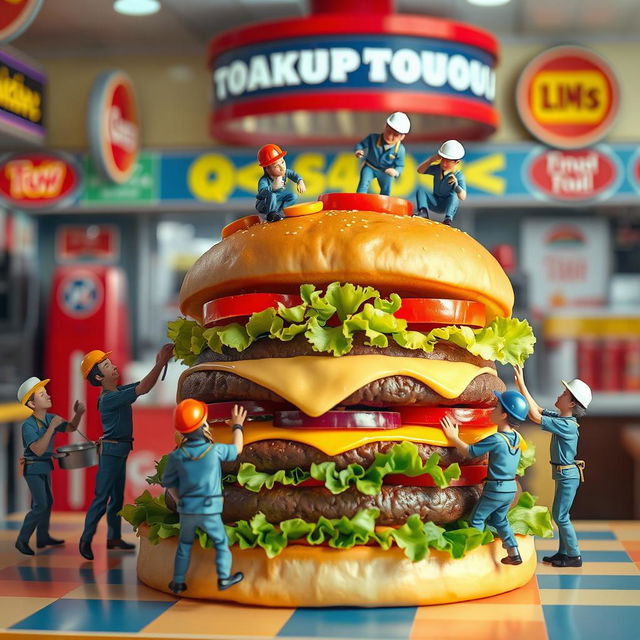 A whimsical scene depicting several tiny workers busily preparing a giant burger