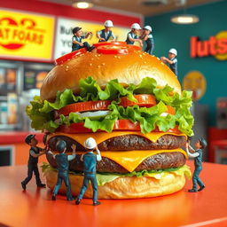 A whimsical scene depicting several tiny workers busily preparing a giant burger