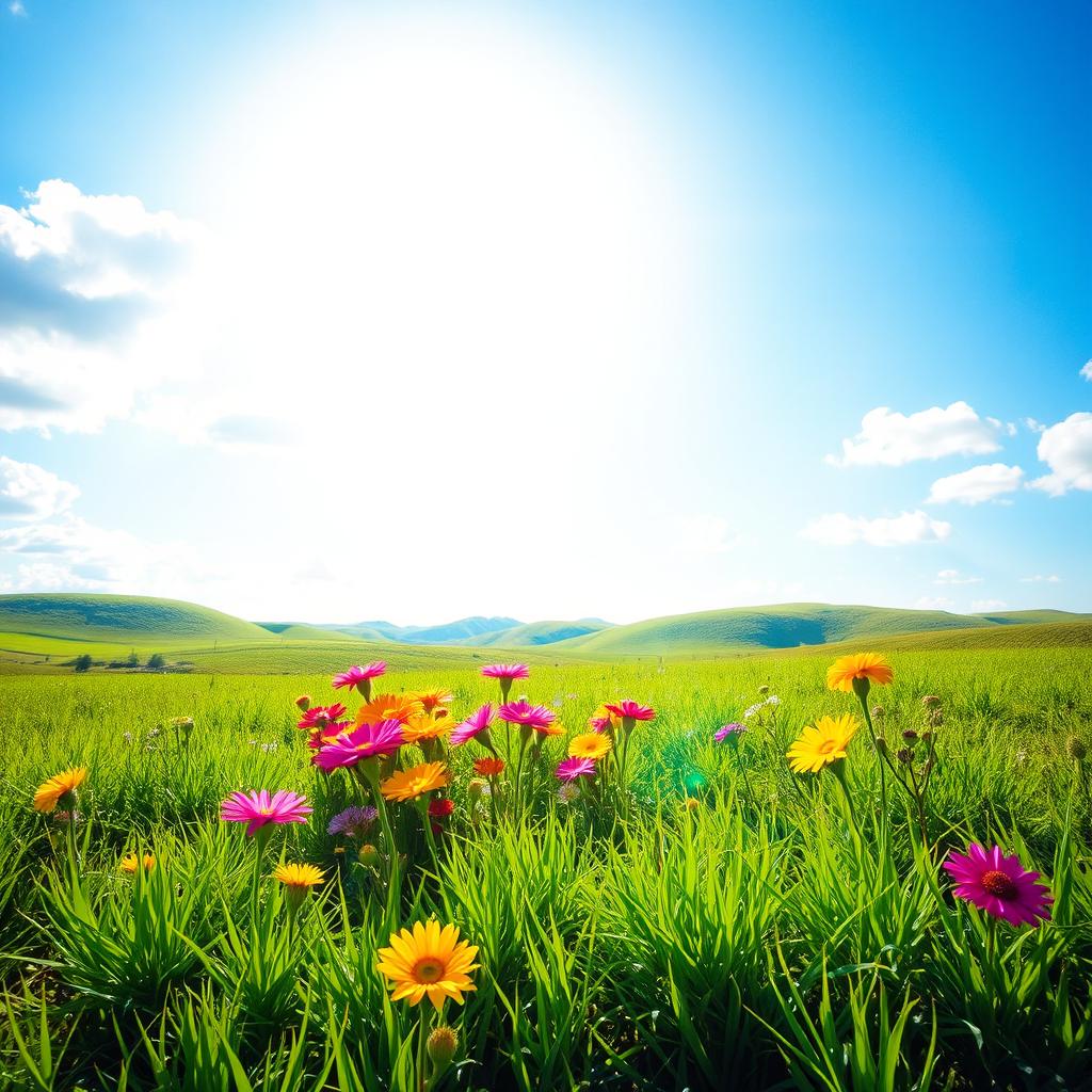 A vibrant sunny scene featuring a picturesque landscape devoid of any shadows cast by the sun