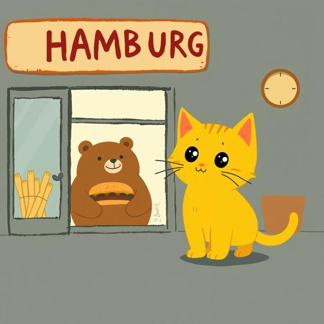A cute yellow kitten standing in front of a hamburger shop, its eyes sparkling as it gazes at a big hamburger