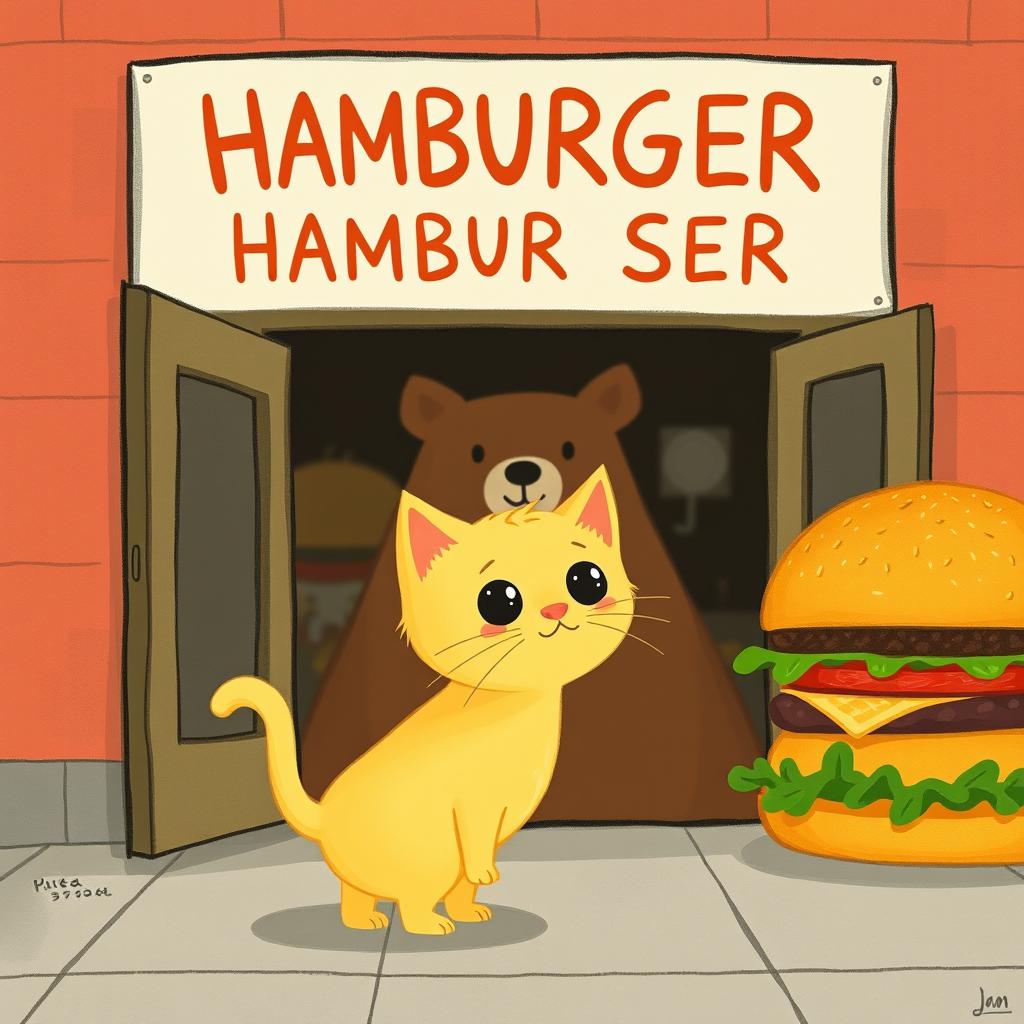A cute yellow kitten standing in front of a hamburger shop, its eyes sparkling as it gazes at a big hamburger