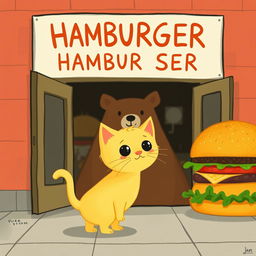 A cute yellow kitten standing in front of a hamburger shop, its eyes sparkling as it gazes at a big hamburger