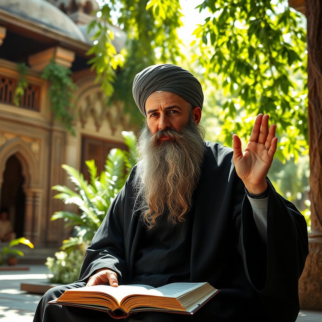 A wise and dignified mullah, middle-aged man with a long, flowing beard, dressed in a traditional dark robe and turban