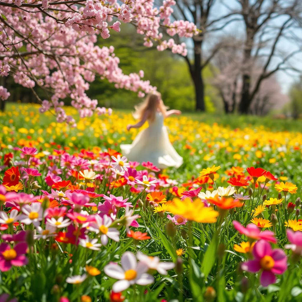 A beautiful spring landscape filled with vibrant flowers in full bloom