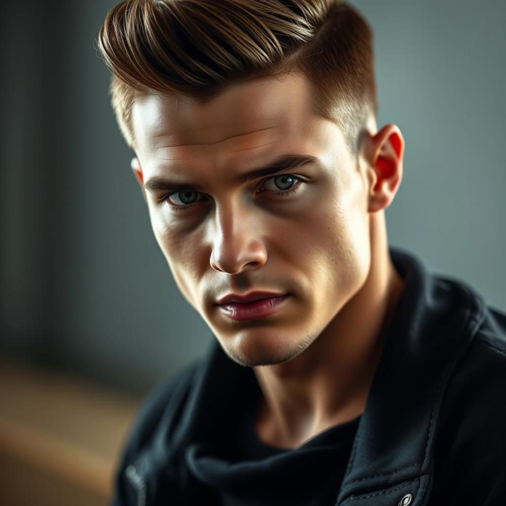A portrait of a handsome young man with a sharply defined jawline and striking sharp eyes that convey intensity and confidence