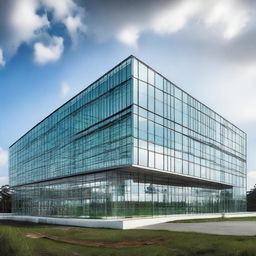 Create an image of the outside of the modern and sleek Guyana Marketing Corporation Processing & Packaging Facility. The structure is large, made of glass and steel, reflecting the surrounding cityscape.