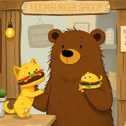 In a charming hamburger shop, a smiling brown bear holds out a delicious and juicy hamburger to an adorable little yellow kitten