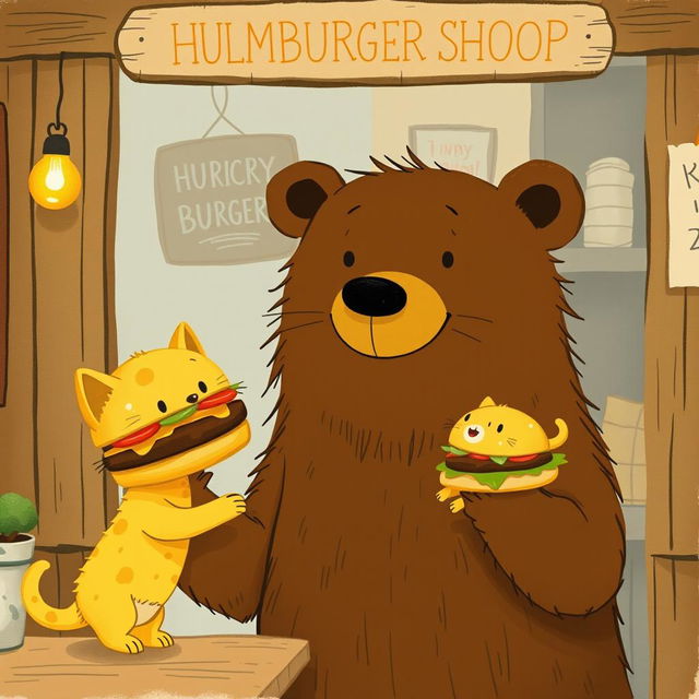 In a charming hamburger shop, a smiling brown bear holds out a delicious and juicy hamburger to an adorable little yellow kitten