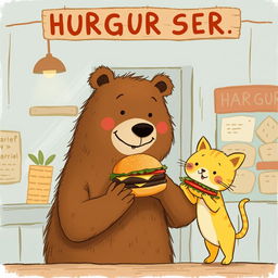 In a charming hamburger shop, a smiling brown bear holds out a delicious and juicy hamburger to an adorable little yellow kitten