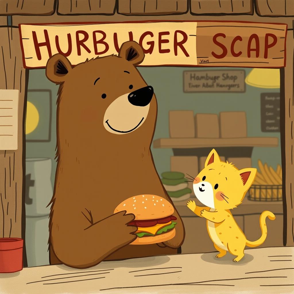In a charming hamburger shop, a smiling brown bear holds out a delicious and juicy hamburger to an adorable little yellow kitten